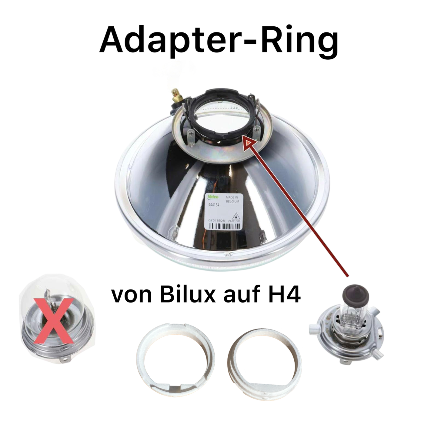 Adapter-Ring von R2-Bilux P45T Sockel auf H4 LED oder Halogen Lampe