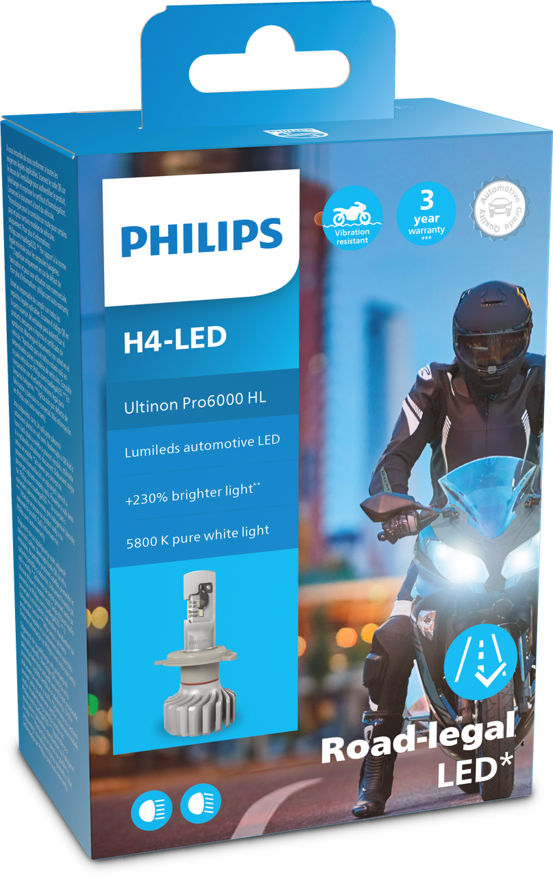 H4 LED Philips PRO6000 mit Strassenzulassung 230% mehr Licht für Motorrad- 1 Stk.