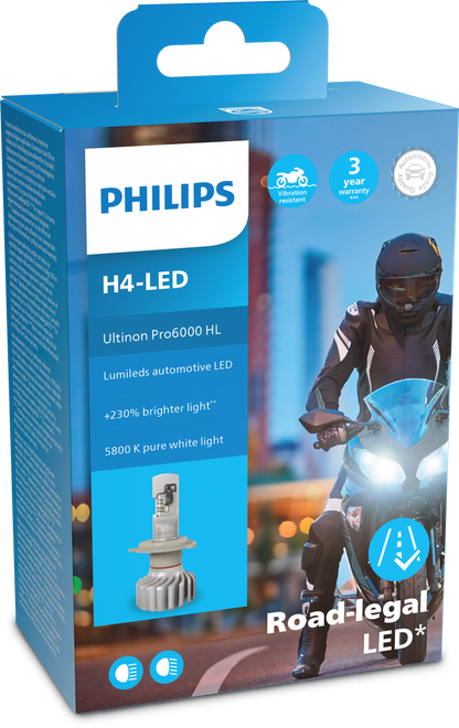 H4 LED Philips PRO6000 mit Strassenzulassung 230% mehr Licht für Motorrad- 1 Stk.